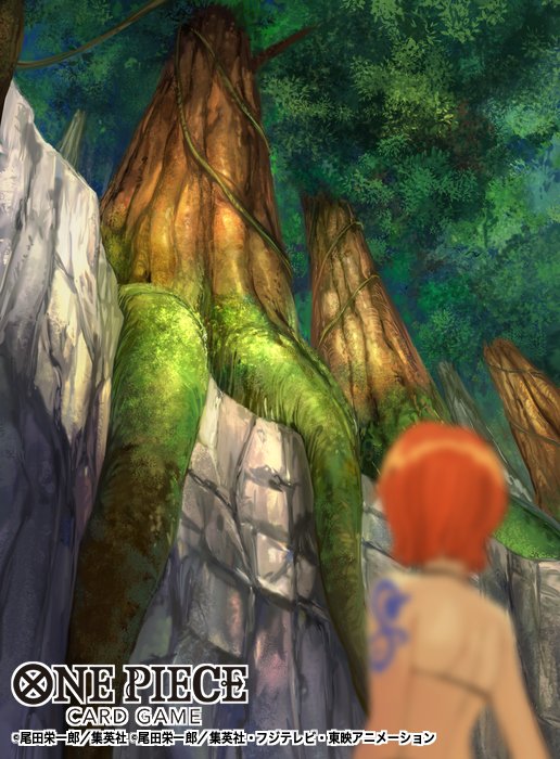 1girl, arm_tattoo, back, commentary_request, copyright_name, ichimaru_kisuke, nami_(one_piece), official_art, one_piece, one_piece_card_game, orange_hair, short_hair, tattoo, tree