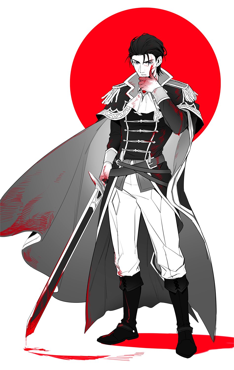 1boy, belt, black_hair, blood, blood_drip, blood_on_clothes, blood_on_face, cape