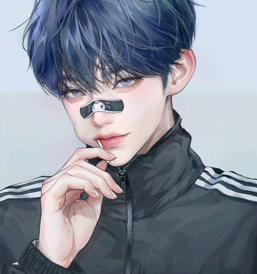 1boy, bandaid, bandaid_on_face, black_bandaid, black_jacket, blue_eyes, blue_hair, candy