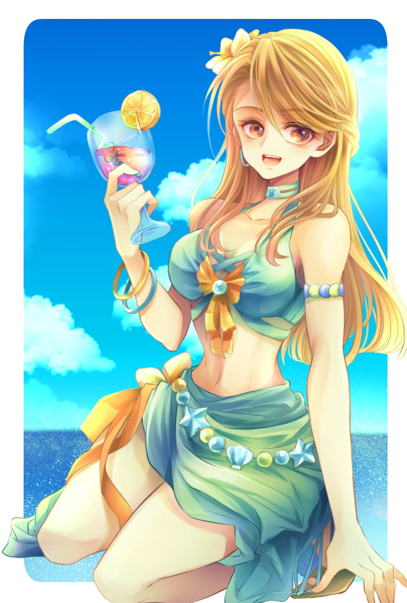 1girl, armlet, bikini, blonde_hair, blue_bikini, bracelet, commentary_request, cup, drinking_straw, flower, fullmetal_alchemist, hair_flower, hair_ornament, hana_930, highres, holding, holding_cup, jewelry, long_hair, ocean, riza_hawkeye, sarong, sky, smile, solo, swimsuit