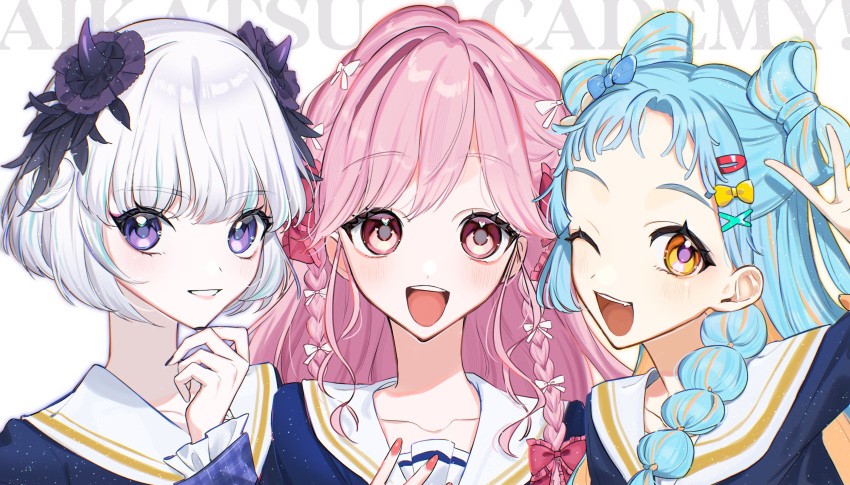 3girls, ;d, absurdres, aikatsu!_(series), aikatsu_academy!, blonde_hair, blue_hair, blue_shirt