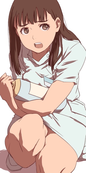 1girl, breasts, brown_eyes, brown_hair, full_body, long_hair, looking_at_viewer, mihashi_haruko