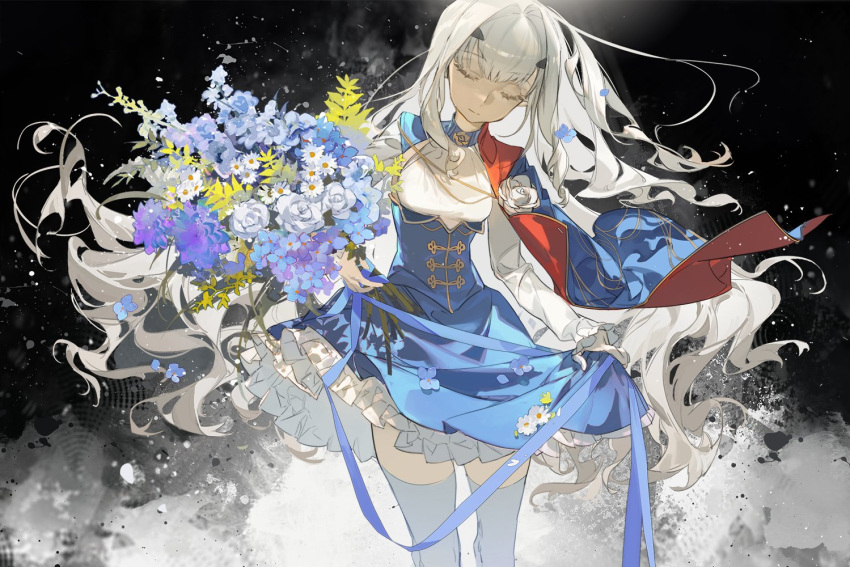 1girl, black_background, blue_cape, blue_dress, bouquet, breasts, cape, closed_eyes