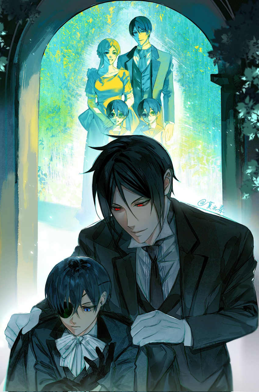 1girl, 4boys, adjusting_clothes, adjusting_gloves, back_bow, bishounen, black_gloves, black_hair