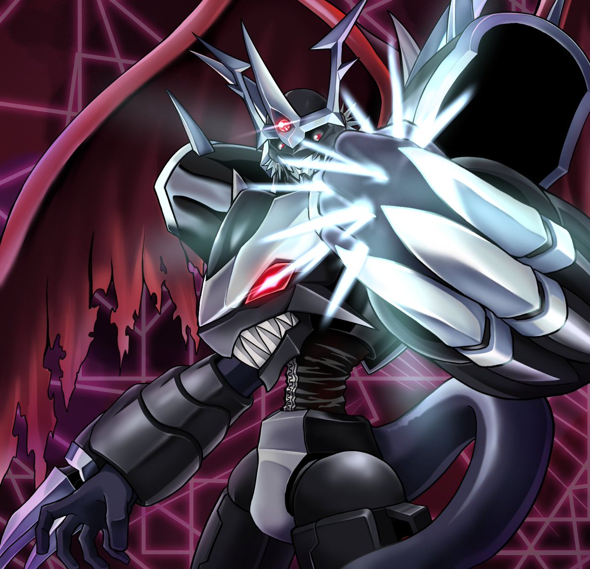 armor, black_armor, black_skin, black_tail, claw_(weapon), colored_skin, cowboy_shot, digimon