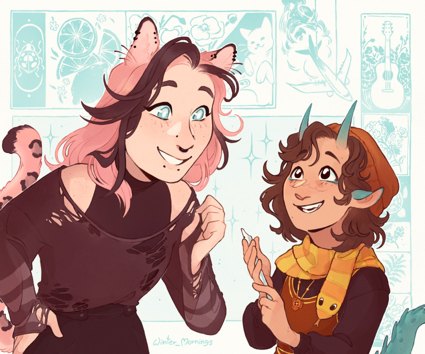 2girls, absurdres, acoustic_guitar, aircraft, airplane, animal, animal-shaped_clothes, animal_ear_piercing