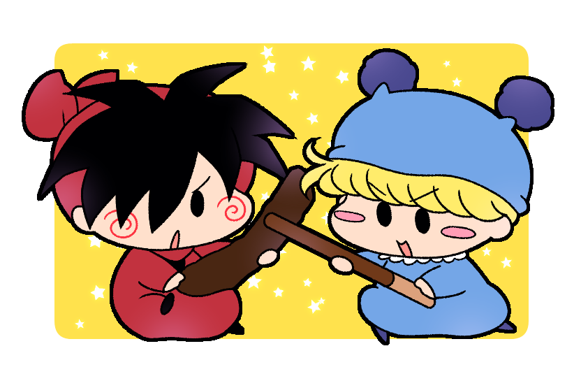 2boys, bandana, black_hair, blonde_hair, blue_pajamas, blush_stickers, commentary_request, hair_over_one_eye