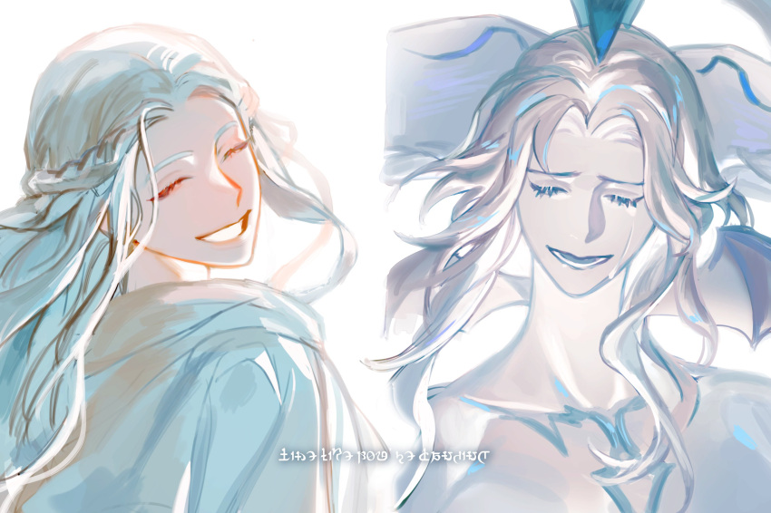 2girls, ^_^, closed_eyes, collarbone, colored_skin, dual_persona, facing_viewer, final_fantasy, final_fantasy_xiv, grin, half_up_braid, head_wings, headpiece, highres, hydaelyn, long_hair, multiple_girls, multiple_wings, nevermore_sh, open_mouth, portrait, simple_background, smile, tears, venat_(ff14), white_background, white_hair, white_skin, wings