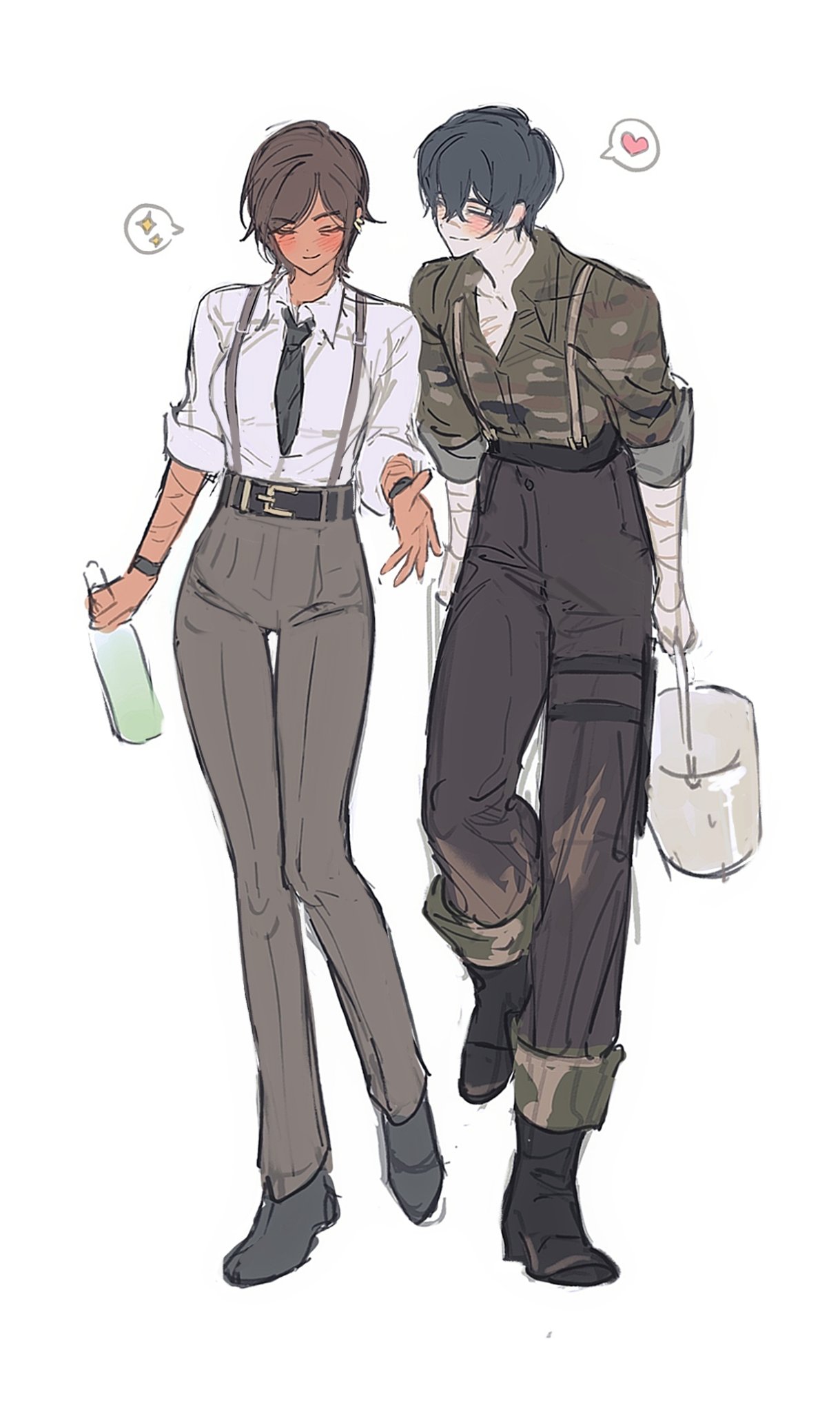 1boy, 1girl, black_hair, black_necktie, black_pants, bottle, bucket, camouflage