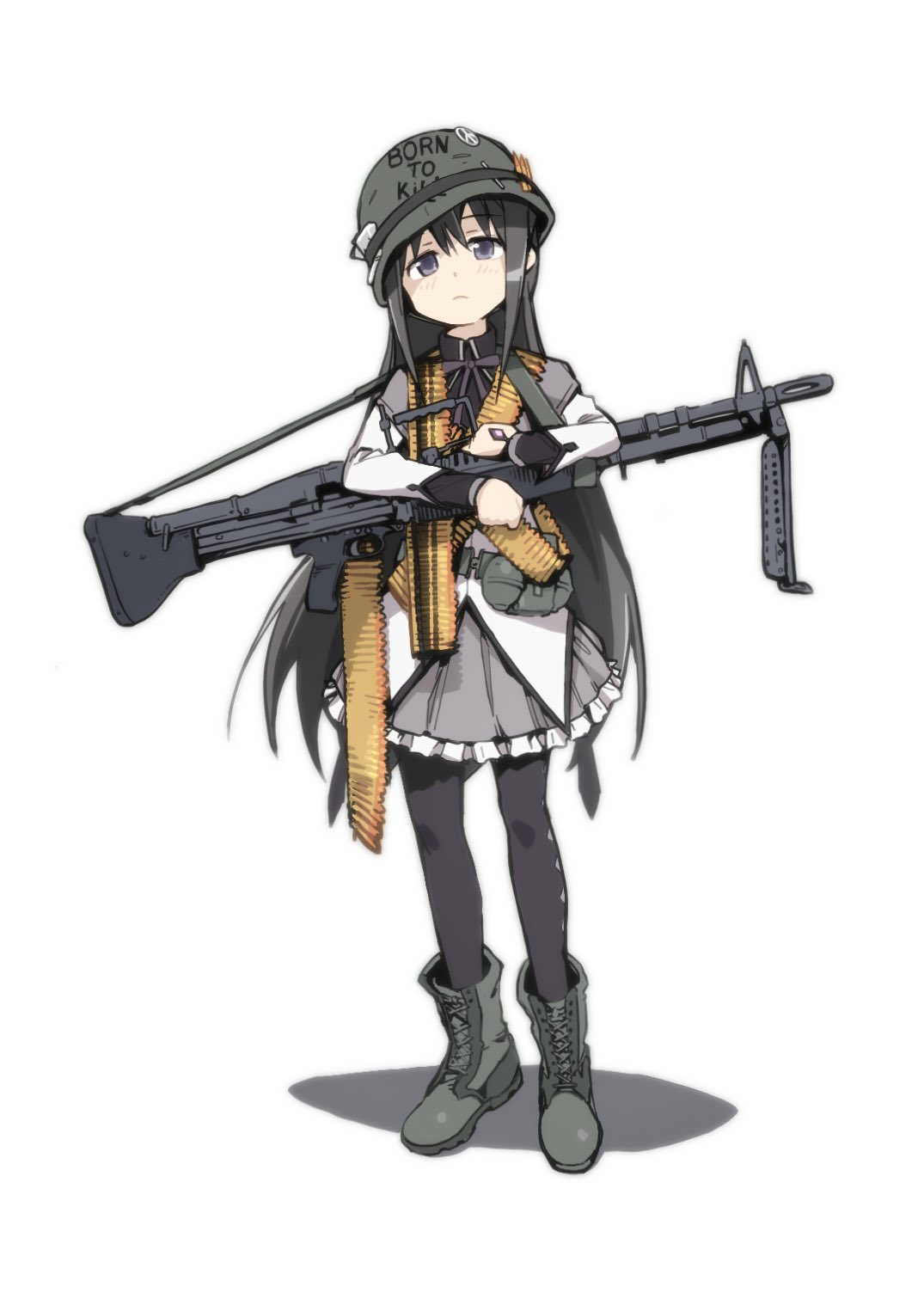 1girl, akemi_homura, ammunition_belt, bipod, black_pantyhose, boots, combat_boots, dress