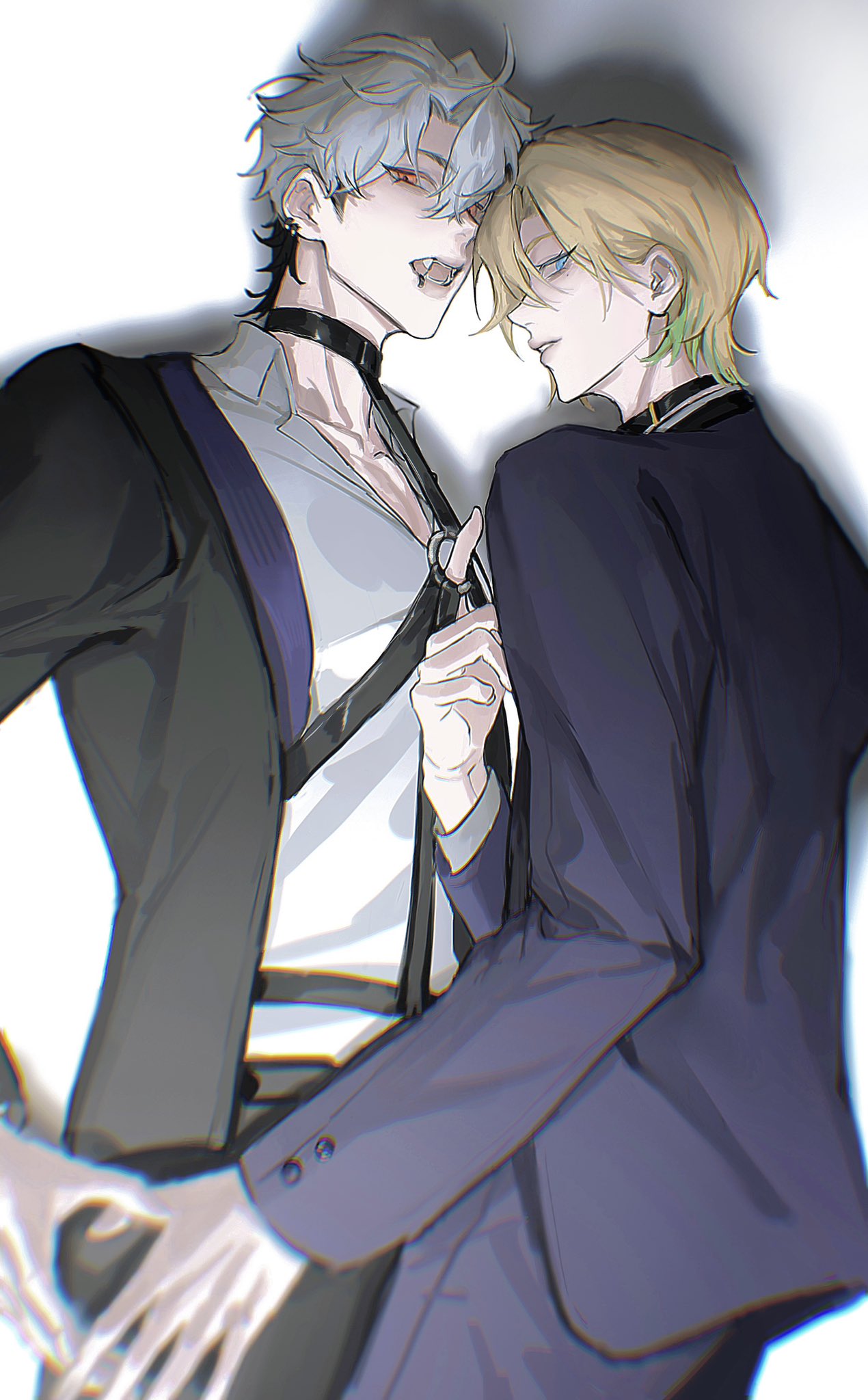 2boys, black_choker, black_jacket, black_suit, blonde_hair, blue_eyes, blue_jacket, blue_pants