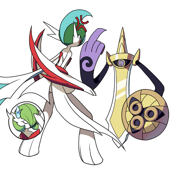aegislash, anger_vein, arm_blade, bob_cut, cape, colored_skin, gallade, gardevoir