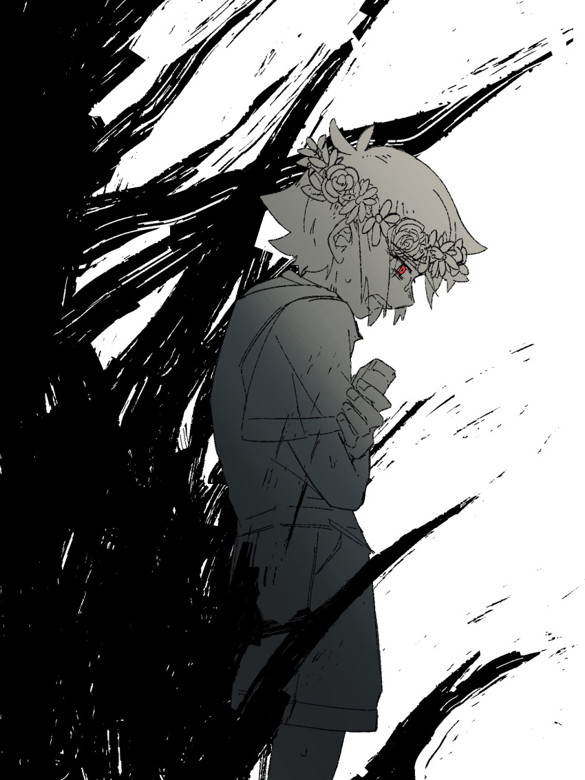 1boy, basil_(headspace)_(omori), basil_(omori), flower, greyscale, head_wreath, highres, monochrome, omori, open_mouth, overall_shorts, overalls, red_eyes, shakomori_w, short_hair, short_sleeves, solo, spot_color, teeth, upper_teeth_only
