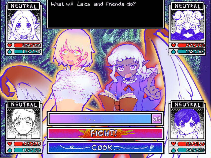 2girls, 4boys, :d, absurdres, blonde_hair, book, braid, braided_ponytail, chilchuck_tims, chinese_commentary, commentary_request, crossover, dungeon_meshi, elf, english_text, fake_screenshot, falin_touden, falin_touden_(chimera), feathers, gameplay_mechanics, health_bar, highres, holding, holding_book, index_finger_raised, jacket, laios_touden, laios_touden_(chimera), looking_at_viewer, marcille_donato, monster_girl, multiple_boys, multiple_girls, neck_ribbon, omori, open_mouth, outline, parody, pointing, pointy_ears, purple_jacket, rainstop-rainia, ribbon, senshi_(dungeon_meshi), short_bangs, short_hair, single_braid, slit_pupils, smile, style_parody, thistle_(dungeon_meshi), violet_eyes, white_hair, yellow_eyes, yellow_outline