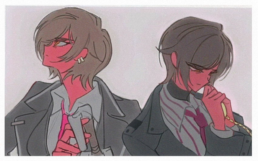 1girl, black_coat, brown_eyes, brown_hair, coat, collared_shirt, ear_piercing, hands_up