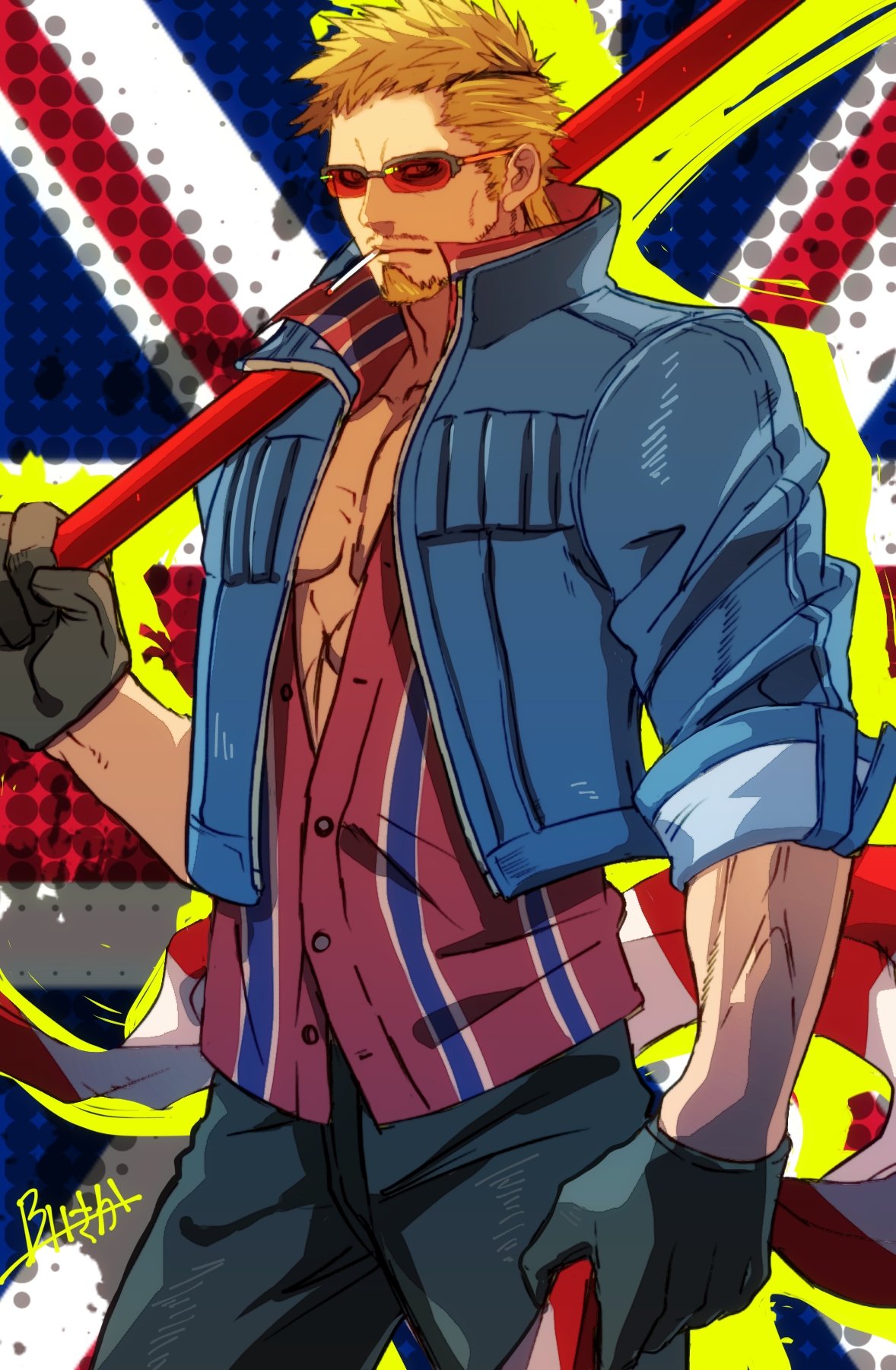 1boy, abs, arm_up, billy_kane, black_gloves, black_pants, blonde_hair, blue_jacket