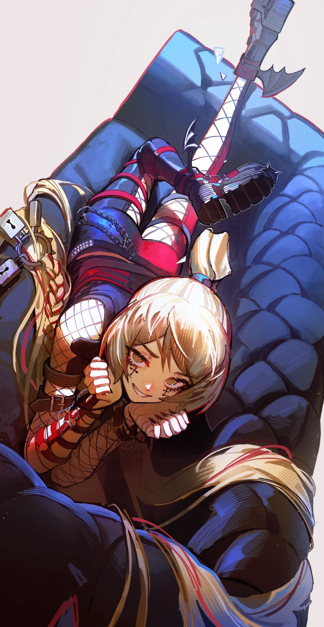1girl, @_@, arm_strap, belt, black_nails, blonde_hair, boots, braid