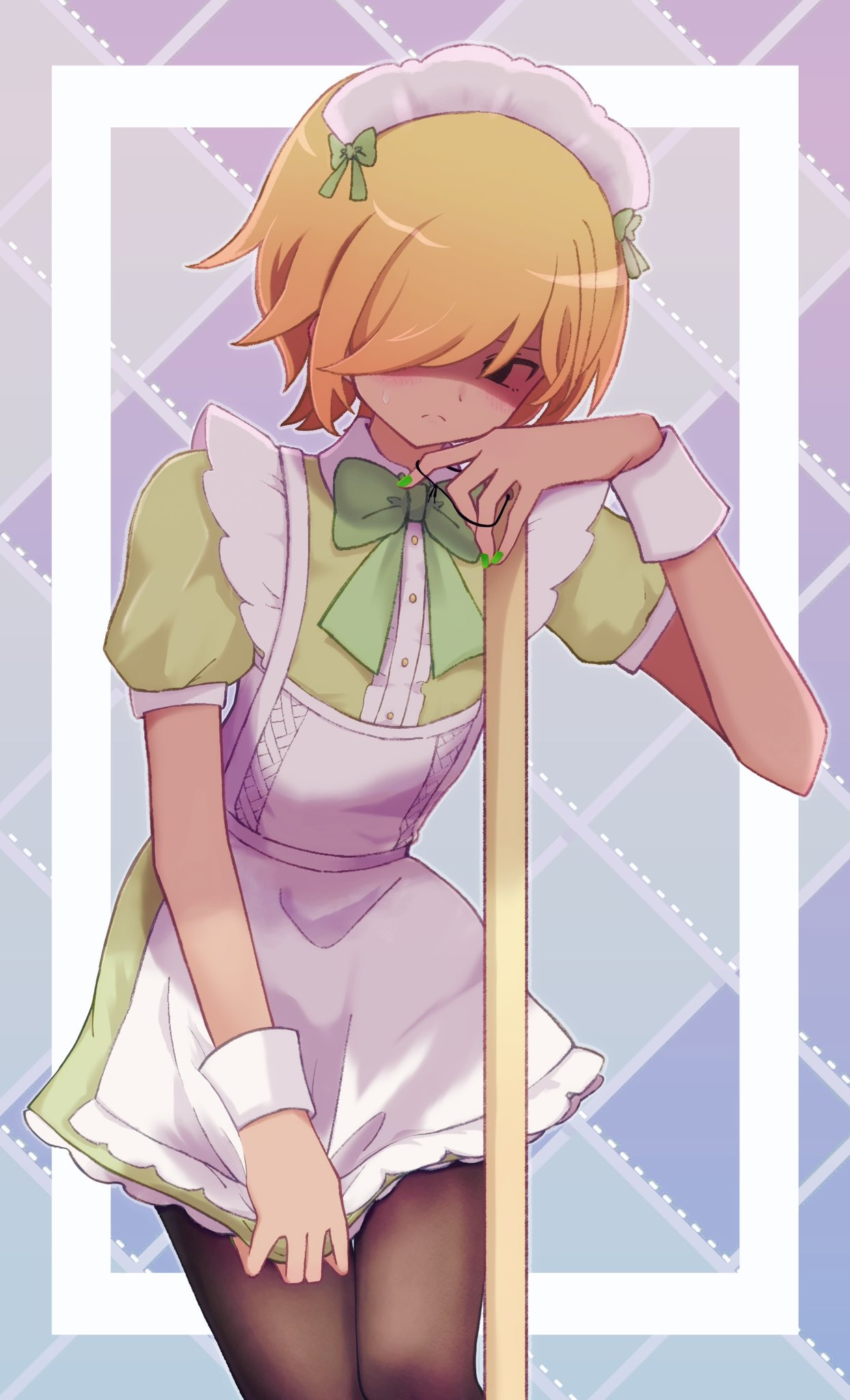 1boy, alternate_costume, blonde_hair, brown_pantyhose, closed_mouth, crossdressing, dark-skinned_male, dark_skin, embarrassed, enmaided, girly_boy, green_nails, hair_over_one_eye, highres, juvenile, looking_at_viewer, maid, maid_headdress, mikhael_(omori), omori, pantyhose, shaded_face, short_hair, short_sleeves, solo, teenage, wrist_cuffs, young, yu_kuli