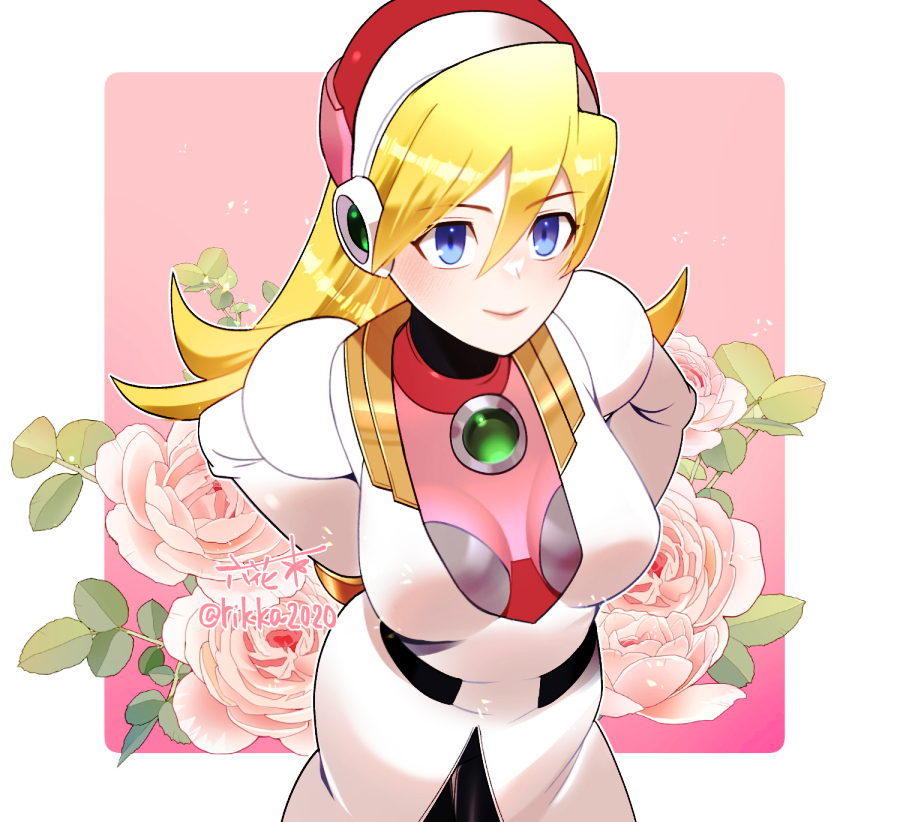 1girl, alia_(mega_man), android, armor, blonde_hair, blue_eyes, border, breasts, chest_jewel, coat, flower, lab_coat, medium_breasts, mega_man_(series), mega_man_x_(series), pink_armor, pink_flower, rikka_(user_hruv2435), robot_girl, solo, twitter_username, white_border, white_coat