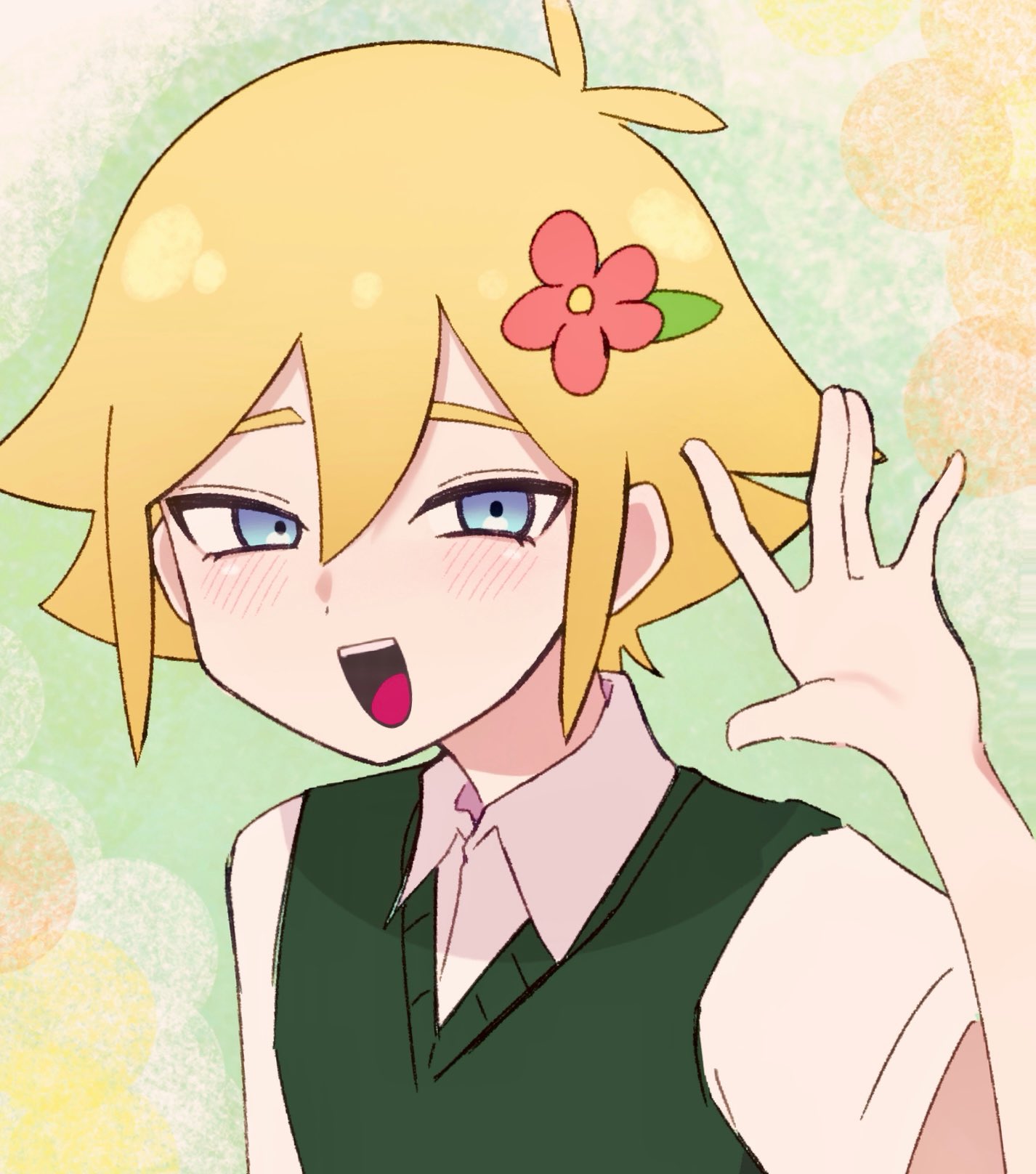 1boy, basil_(faraway)_(omori), basil_(omori), blonde_hair, blue_eyes, collared_shirt, flower, green_sweater_vest
