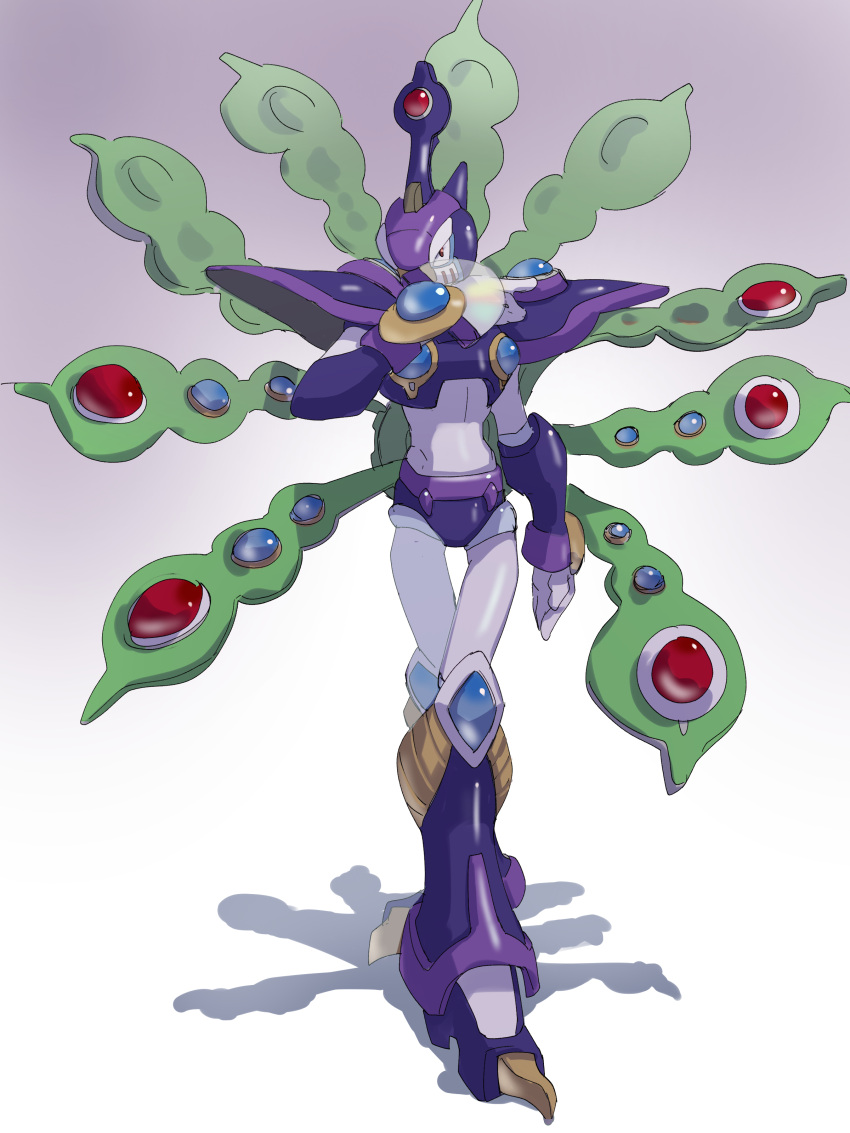 absurdres, armor, bird, cyber_peacock_(mega_man), full_body, gradient_background, highres, humanoid_robot, mega_man_(series), mega_man_x4, mega_man_x_(series), omochi_(mochi_skymega), peacock, purple_armor, robot, shadow, solo