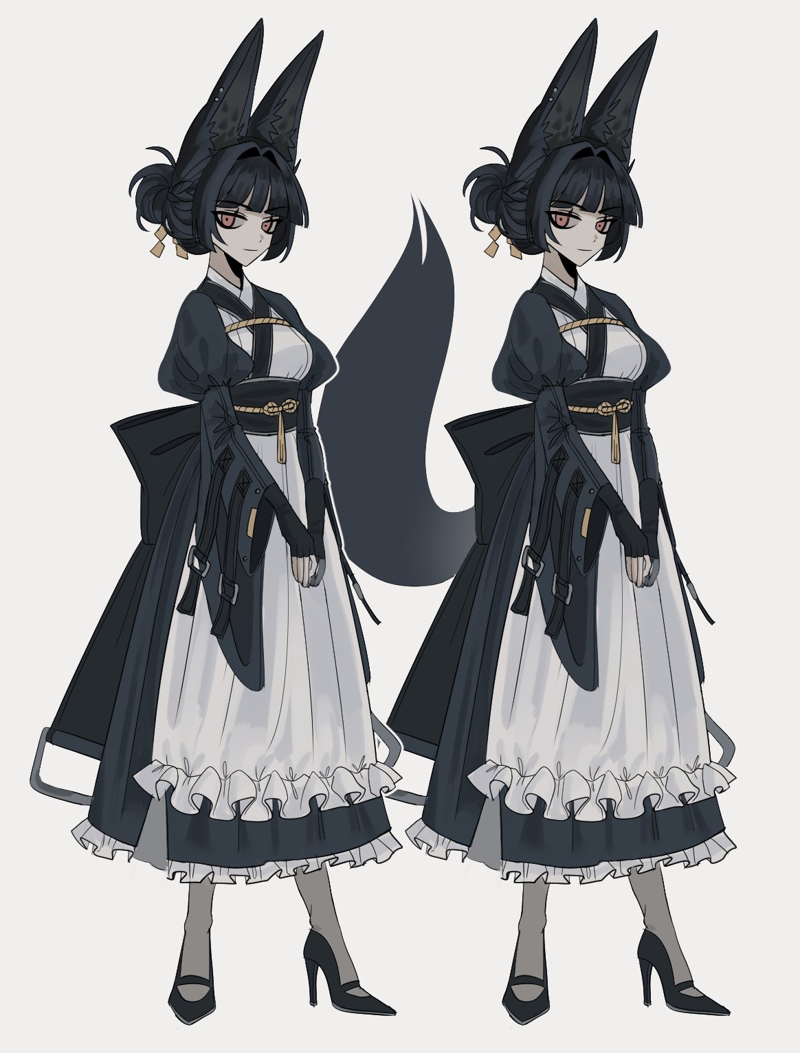 1girl, animal_ears, apron, black_hair, closed_mouth, fox_ears, fox_tail, frilled_apron, frills, full_body, high_heels, highres, hoshimi_miyabi, juliet_sleeves, long_sleeves, looking_at_viewer, maid, multiple_views, obi, pantyhose, puffy_sleeves, red_eyes, saint_ghoul, sash, standing, tail, wa_maid, zenless_zone_zero