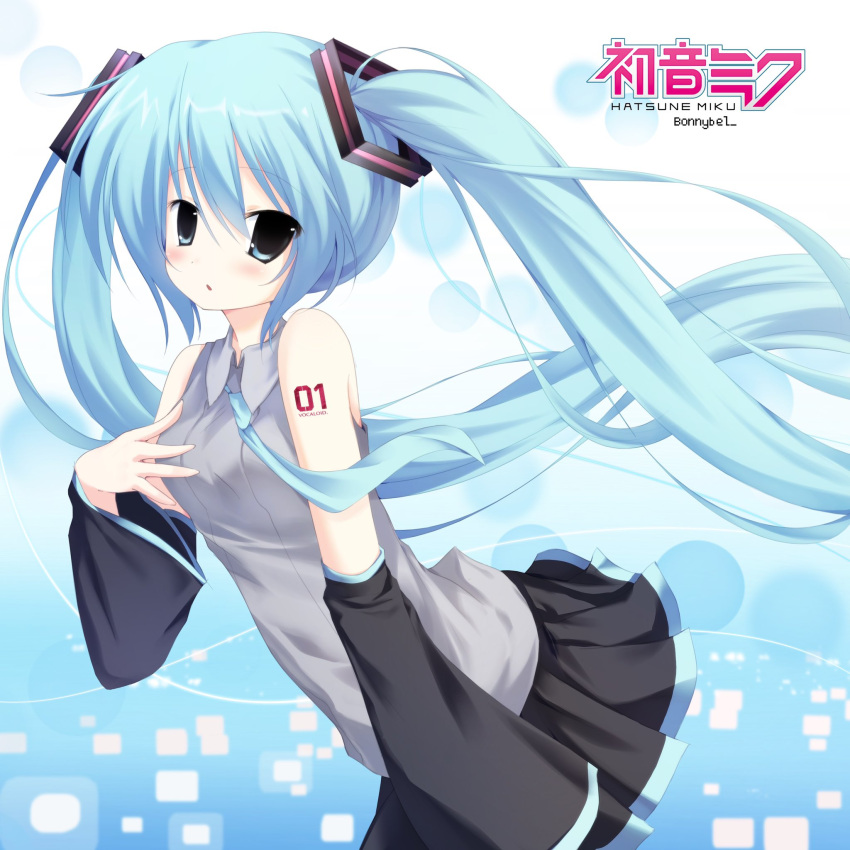 1girl, 2000s_(style), bare_shoulders, blue_eyes, blue_hair, blush, breasts, commentary, detached_sleeves, english_commentary, hatsune_miku, highres, jelly_(bonnybel), long_hair, looking_at_viewer, necktie, open_mouth, skirt, sleeveless, small_breasts, solo, twintails, very_long_hair, vocaloid