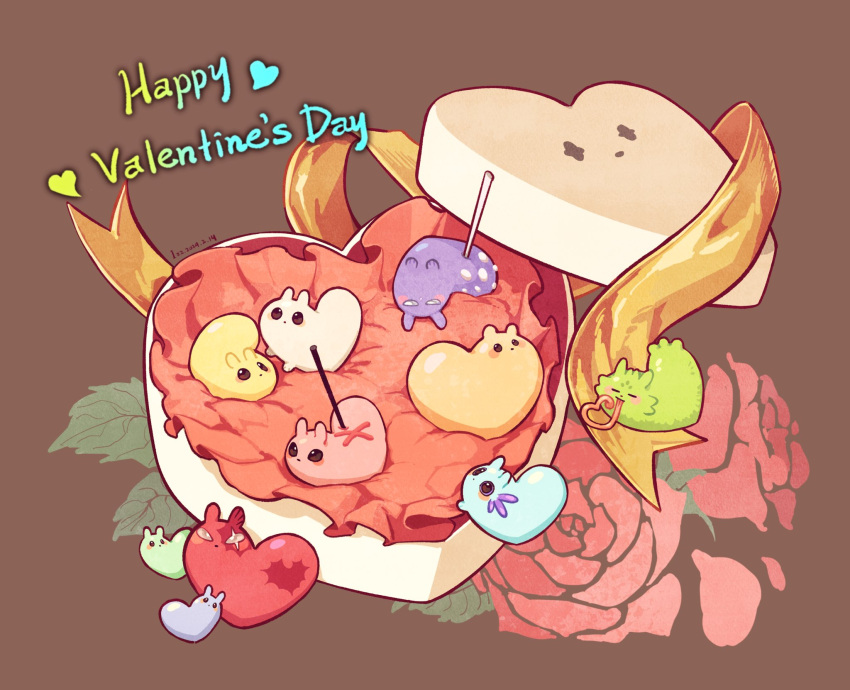 =_=, animal_focus, box, brown_background, chinese_commentary, commentary_request, creature, flower