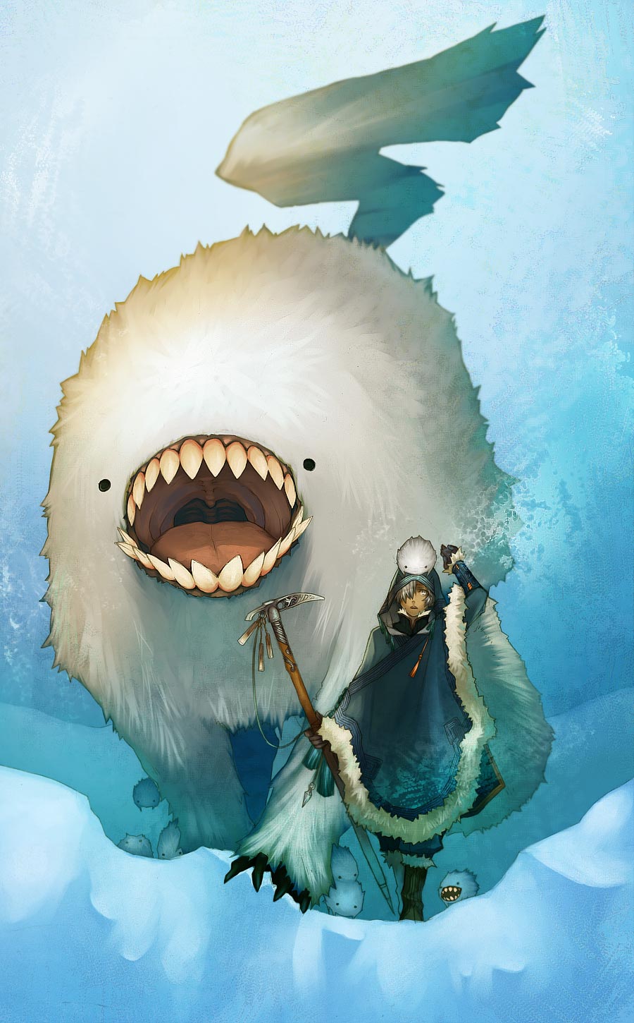 cloak, copyright_request, creature, fur, grey_eyes, grey_hair, highres, ice_axe, monster, mouth, sitting, sitting_on_head, sitting_on_person, snow, tail, teeth, yuzu_shio