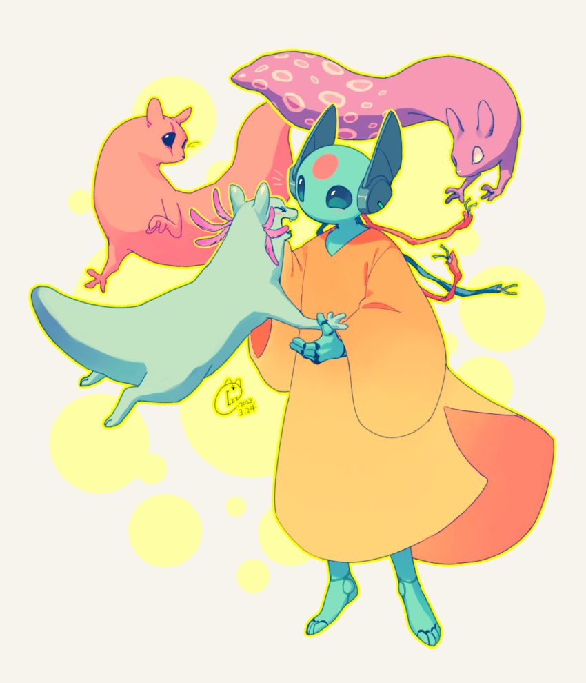 1girl, android, barefoot, blue_skin, brown_background, closed_eyes, colored_skin, creature