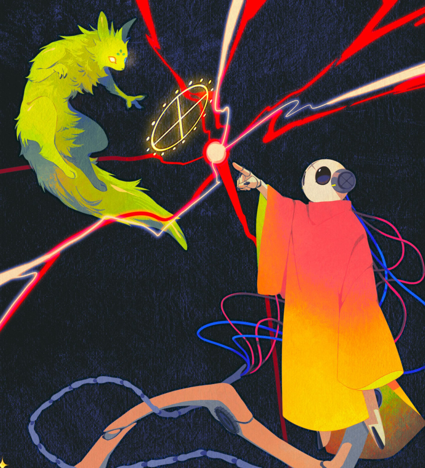 1girl, android, black_eyes, cable, colored_skin, creature, electricity, energy
