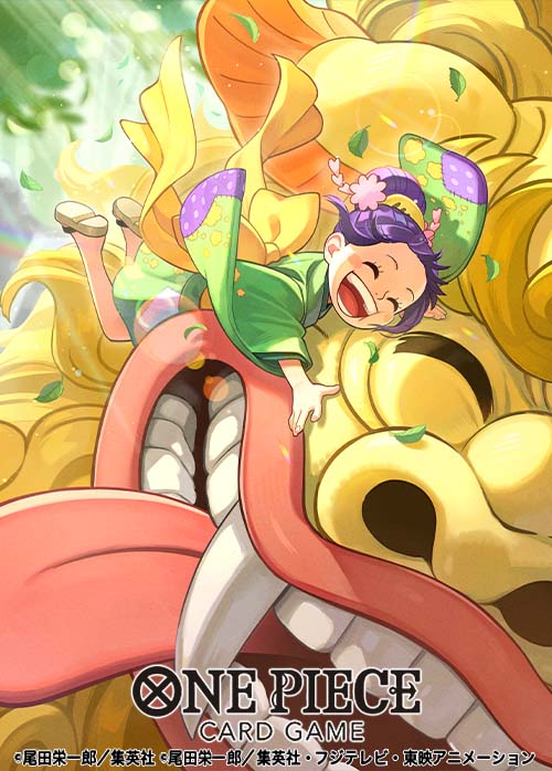 1girl, ^_^, animal_focus, blush_stickers, closed_eyes, commentary_request, copyright_name, fang, green_kimono, hair_bun, hug, japanese_clothes, kimono, komachiyo, kurozumi_tama, light_rays, lion, official_art, one_piece, one_piece_card_game, open_mouth, otton, purple_hair, sash, tongue, tongue_out, wide_sleeves, yellow_sash
