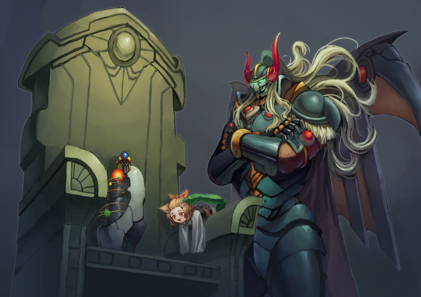 1boy, 1girl, absurdres, armor, ash_blossom_&amp;_joyous_spring, black_armor, blue_eyes, called_by_the_grave, commentary, crossed_arms, d/d/d_deviser_king_deus_machinex, d/d_savant_kepler, demon_boy, demon_horns, demon_wings, disembodied_hand, dog_girl, duel_monster, forehead, gameplay_mechanics, giant, highres, horns, japanese_clothes, kimono, mask, mouth_mask, namazakan, nightmare_throne, short_kimono, size_difference, standing, throne, white_hair, wings, yu-gi-oh!, yu-gi-oh!_master_duel