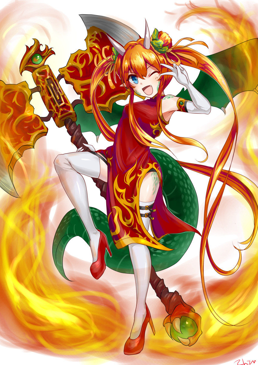 1girl, :d, axe, blue_eyes, china_dress, chinese_clothes, double-sided_axe, dragon_girl, dragon_horns, dragon_tail, dragon_wings, dress, elbow_gloves, fang, gloves, green_tail, green_wings, hair_ribbon, highres, holding, holding_axe, horns, long_hair, one_eye_closed, orange_hair, peak824545201, pointy_ears, red_footwear, ribbon, scales, shironeko_project, simple_background, smile, solo, standing, standing_on_one_leg, tail, tetra_(shironeko_project), thigh-highs, twintails, v, white_background, white_gloves, white_thighhighs, wings