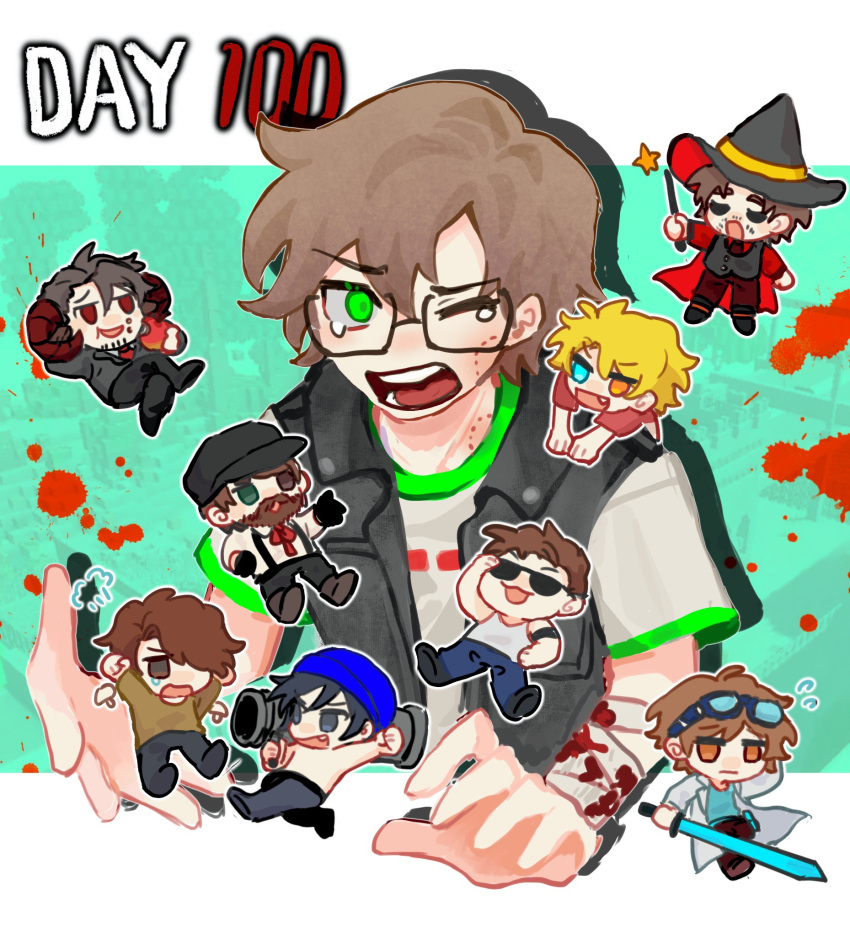 6+boys, bite_mark, bizly, brown_hair, chibi, chinese_commentary, commentary_request, condifiction