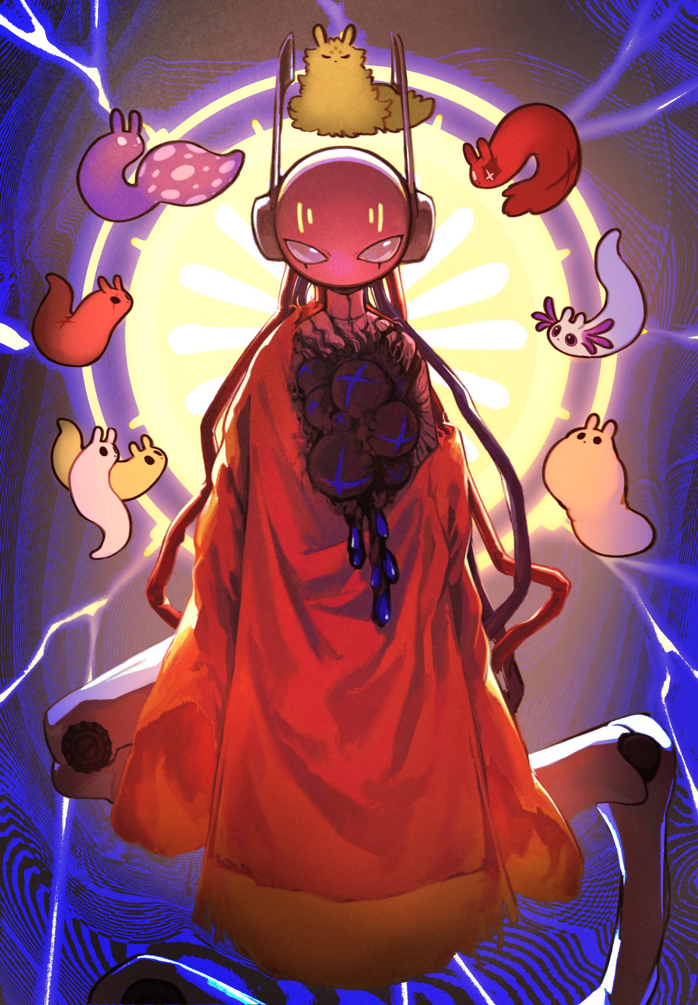 1boy, androgynous, android, artificer_(rain_world), backlighting, cable, chinese_commentary, colored_skin, commentary_request, creature, five_pebbles, flesh, floating, gourmand_(rain_world), highres, hunter_(rain_world), izz_owooo, looking_at_viewer, male_focus, material_growth, monk_(rain_world), no_mouth, pink_skin, rain_world, red_robe, rivulet_(rain_world), robe, saint_(rain_world), slugcat, spearmaster_(rain_world), straight-on, survivor_(rain_world)