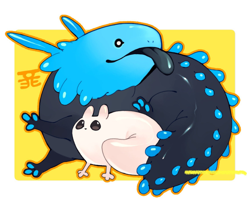 animal_focus, black_eyes, black_tongue, blue_lizard_(rain_world), border, chinese_commentary, commentary_request, creature, full_body, highres, izz_owooo, lizard, no_humans, no_mouth, orange_outline, outside_border, pawpads, rain_world, simple_background, slugcat, survivor_(rain_world), tail, tongue, tongue_out, white_border, yellow_background