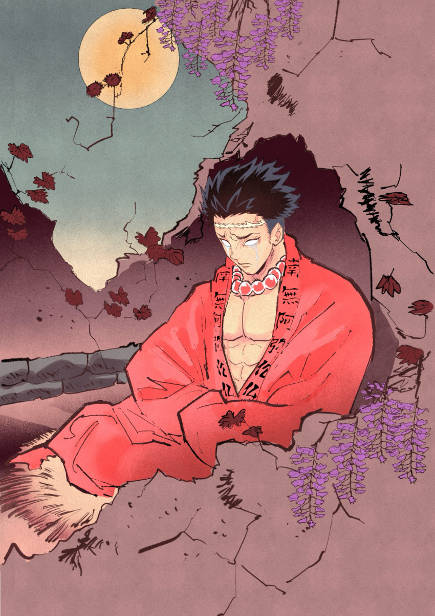 1boy, absurdres, bead_necklace, beads, black_hair, blank_eyes, flower, full_moon, highres, himejima_gyoumei, iceglock, japanese_clothes, jewelry, kimetsu_no_yaiba, kimono, male_focus, moon, muscular, muscular_male, necklace, purple_flower, red_kimono, scar, scar_on_face, scar_on_forehead, solo, undercut, wisteria