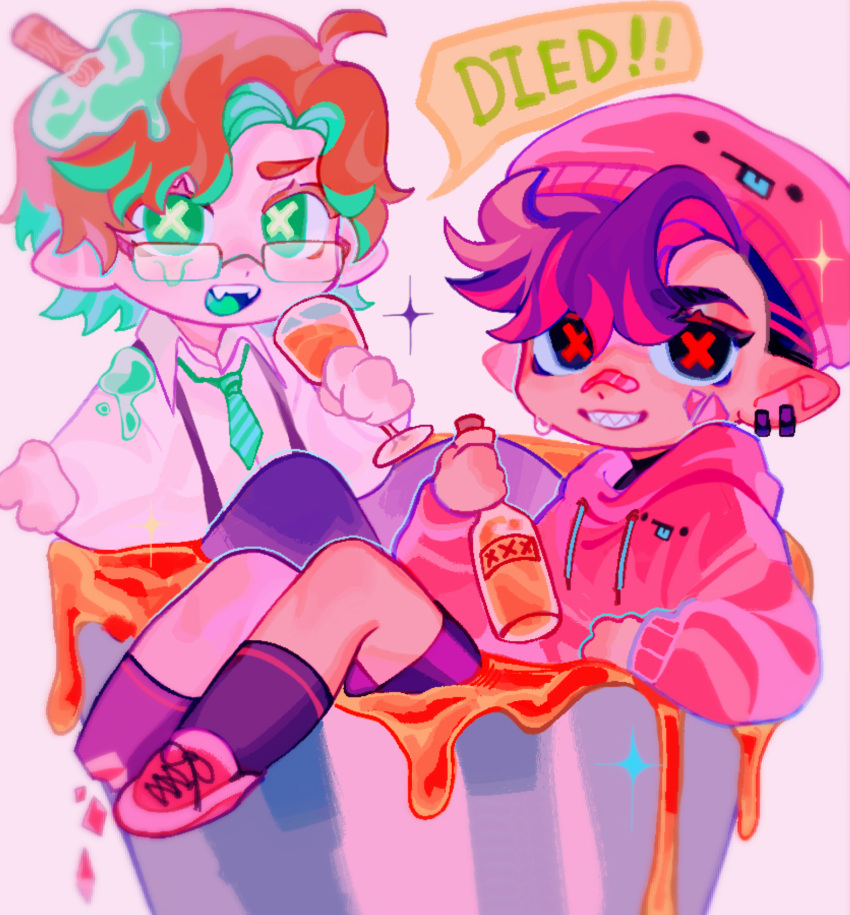 2boys, asvinbobobo, beanie, bottle, brown_hair, bucket, bucket_of_lava, chibi, chibi_only, chinese_commentary, commentary_request, cup, dark-skinned_male, dark_skin, dream_smp, drinking_glass, english_text, glasses, green_eyes, hat, highres, holding, holding_bottle, hood, hoodie, humanization, in_bucket, in_container, lava, looking_at_viewer, male_focus, minecraft, minecraft_youtube, multiple_boys, official_alternate_color, official_alternate_costume, red_hat, red_hoodie, short_hair, sitting, skeppy, slimecicle, smile, speech_bubble, spoilers, stick, symbol-shaped_pupils, wine_glass, x-shaped_pupils