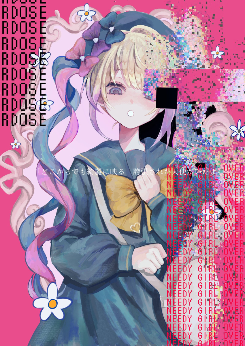 1girl, :o, beret, blonde_hair, blue_bow, blue_dress, blue_eyes, blue_hair, blue_hat, bow, chouzetsusaikawa_tenshi-chan, copyright_name, cowboy_shot, cubism_(needy_girl_overdose), dress, flower, glitch, hat, highres, long_hair, long_sleeves, looking_at_viewer, lyrics, multicolored_hair, needy_girl_overdose, official_alternate_costume, open_mouth, picture_frame, pink_bow, pink_hair, purple_bow, purple_hair, quad_tails, sailor_collar, sailor_dress, solo, standing, tsukishiro_ciel, very_long_hair, white_bag, white_flower, yellow_bow