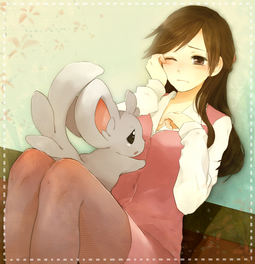 1girl, blouse, brown_eyes, brown_hair, clerk_(pokemon), fishnet_pantyhose, fishnets, hora_mame, long_hair, minccino, office_lady, office_lady_(pokemon), pantyhose, pokemon, pokemon_(game), pokemon_black_and_white, pokemon_bw, sad, sitting, skirt, wink