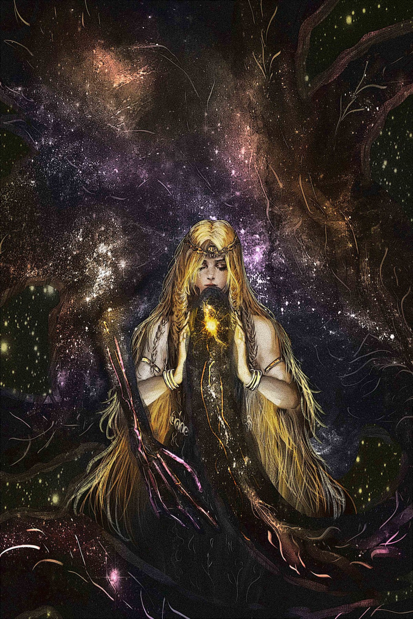 00osamio00, 1girl, armlet, bare_shoulders, blonde_hair, bracelet, closed_eyes, divine_entity