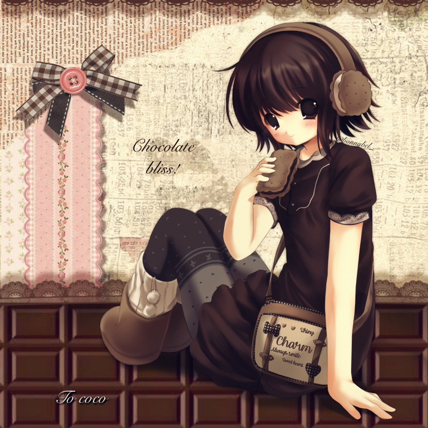 1girl, 2000s_(style), bag, boots, bow, brown_eyes, brown_footwear, brown_hair