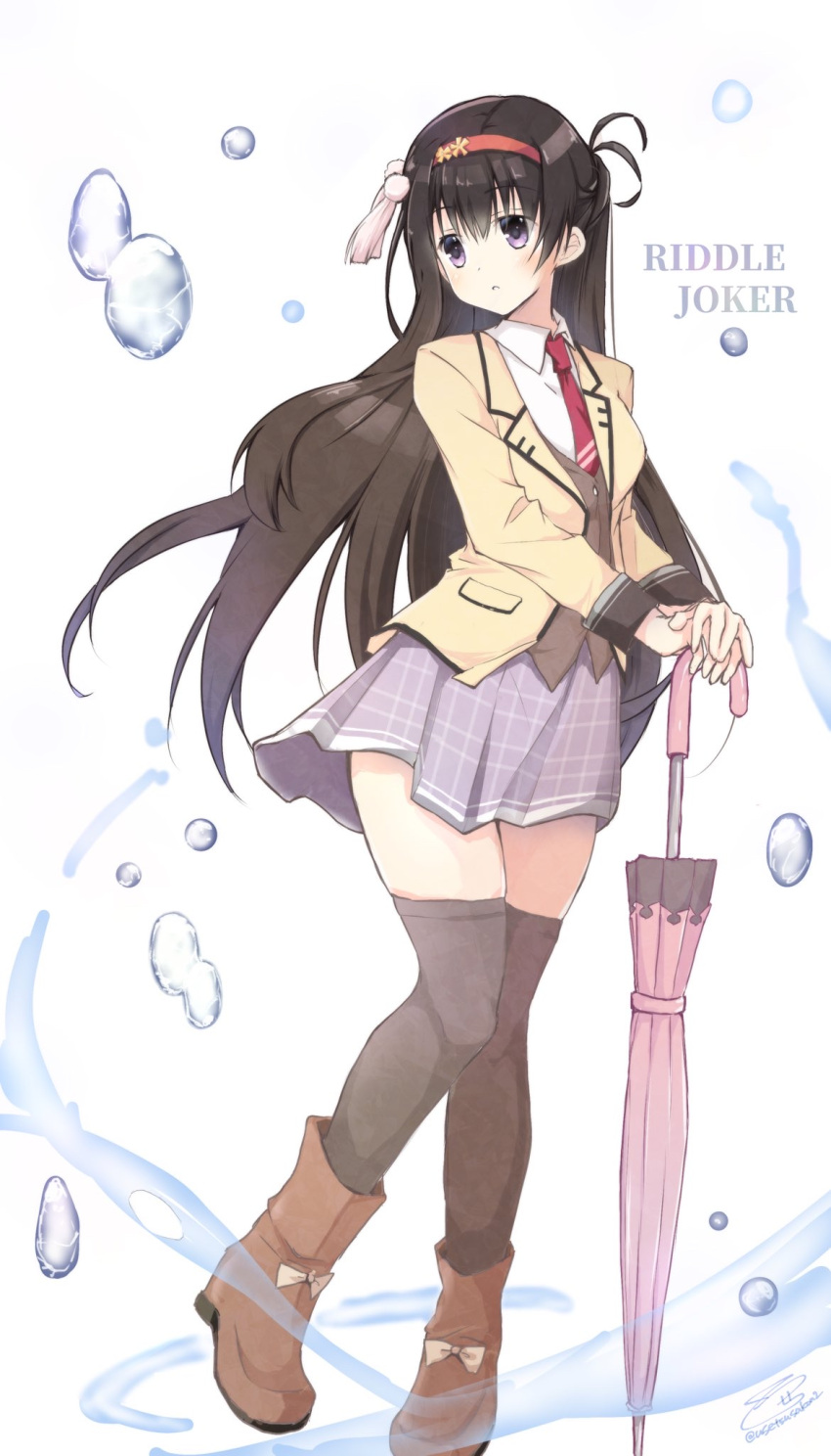 1girl, black_hair, black_thighhighs, blush, boots, brown_footwear, brown_vest, collared_shirt