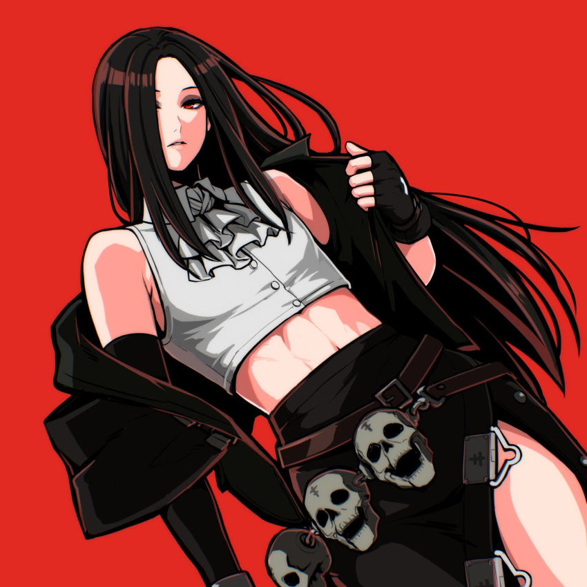 1other, androgynous, ascot, asymmetrical_gloves, bare_shoulders, black_gloves, black_hair, fingerless_gloves, gloves, guilty_gear, guilty_gear_strive, highres, long_hair, looking_at_viewer, other_focus, red_eyes, skull, solo, tb_(spr1110), testament_(guilty_gear), white_ascot