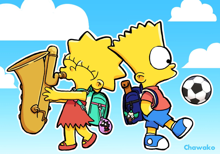 1boy, 1girl, artist_name, back-to-back, ball, bare_arms, bare_shoulders, bart_simpson