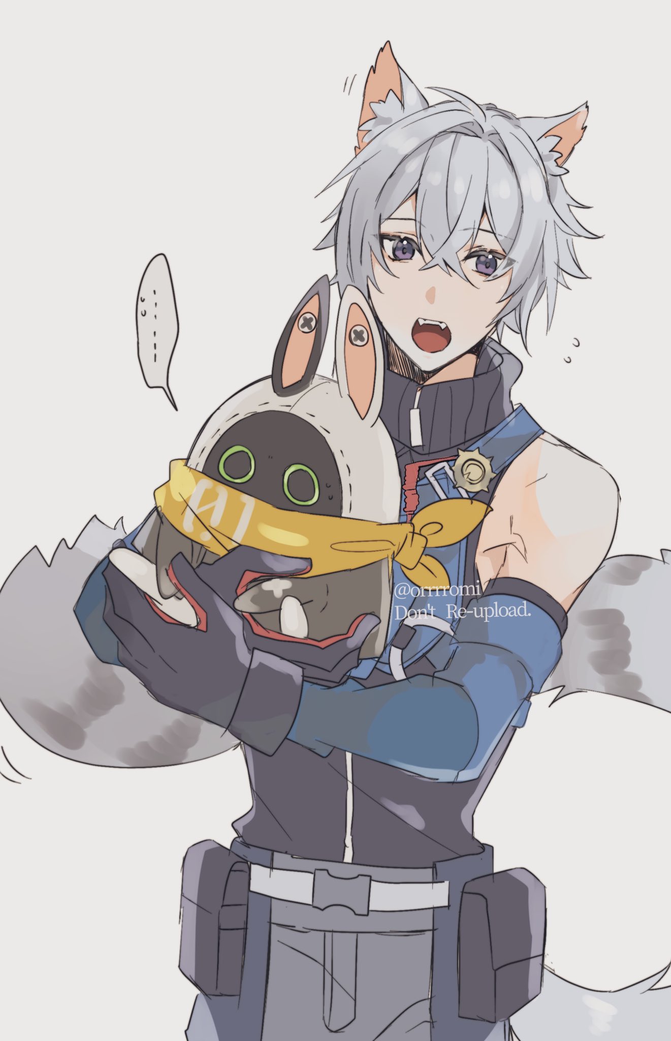 ..., 1boy, animal_ears, bangboo_(zenless_zone_zero), black_gloves, detached_sleeves, eous_(zenless_zone_zero), flying_sweatdrops