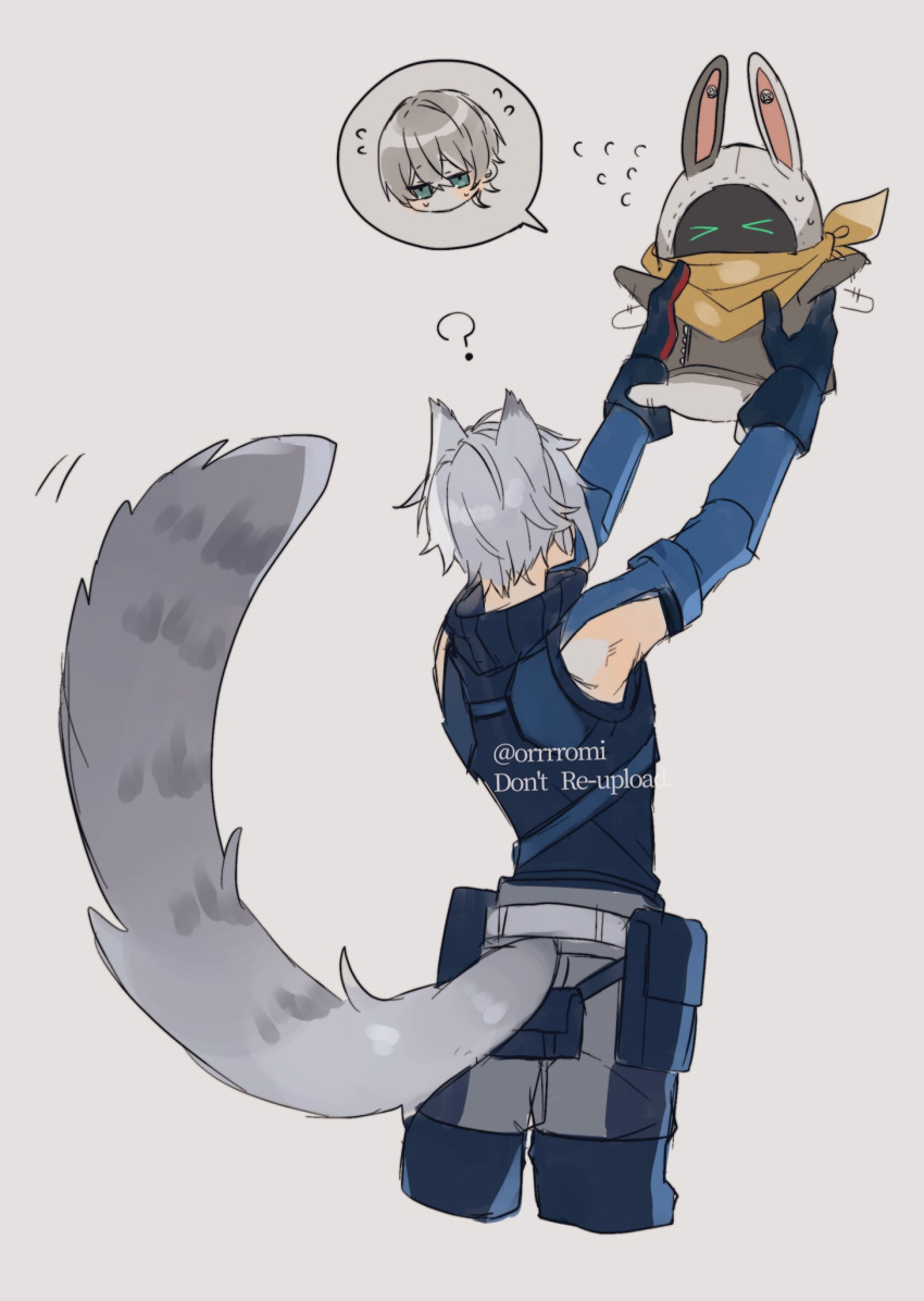 >_<, 1boy, ?, animal_ears, arms_up, bangboo_(zenless_zone_zero), black_gloves, blue_eyes