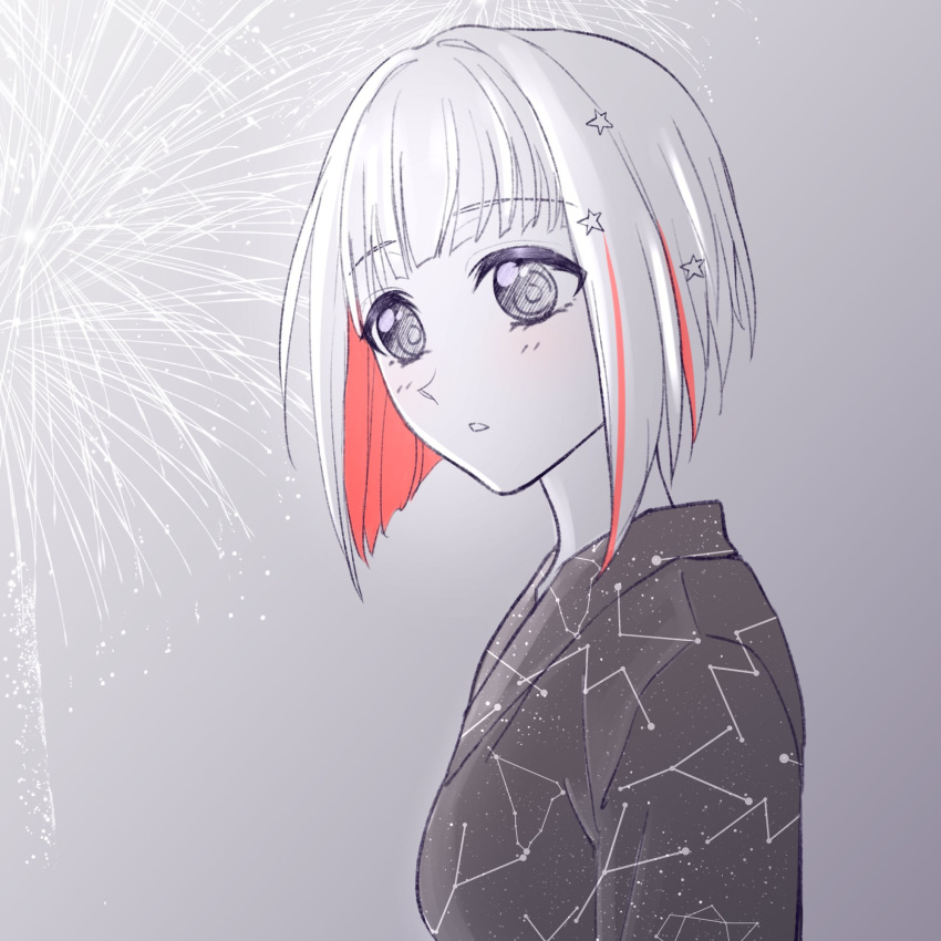 1girl, aegis_zan, aerial_fireworks, alternate_costume, bob_cut, breasts, colored_inner_hair, commentary, constellation_print, diagonal_bangs, fireworks, from_side, gradient_background, grey_background, greyscale, hair_ornament, highres, inverted_bob, japanese_clothes, kimono, light_blush, link!_like!_love_live!, looking_to_the_side, love_live!, monochrome, multicolored_hair, open_mouth, print_kimono, redhead, short_hair, small_breasts, solo, spot_color, star_(symbol), star_hair_ornament, streaked_hair, virtual_youtuber, yugiri_tsuzuri, yukata