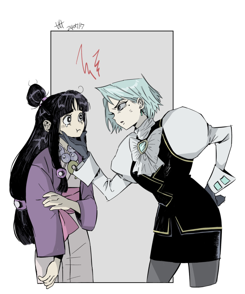ace_attorney, ascot, baegopayohungry, black_gloves, blue_eyes, blue_hair, earrings, franziska_von_karma, gloves, highres, holding, japanese_clothes, jewelry, juliet_sleeves, kimono, long_sleeves, magatama, magatama_necklace, maya_fey, mole, mole_under_eye, necklace, pantyhose, phoenix_wright:_ace_attorney_-_justice_for_all, pink_sash, puffy_sleeves, sash, shirt, short_hair, short_kimono, skirt, vest, white_shirt